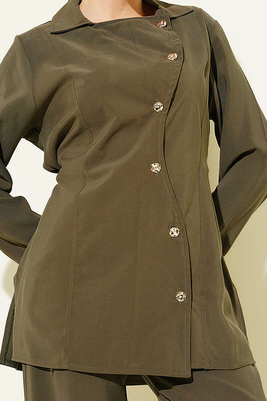 Asymmetrisches, knopfbesetztes, schnurgebundenes Tensel-Zweiteiler-Set in Khaki