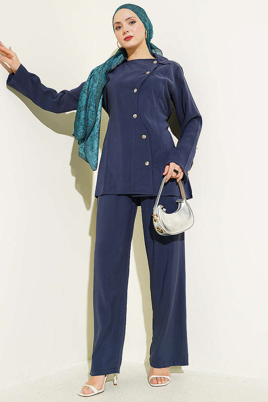 Ensemble double en Tencel bleu marine asymétrique à boutons et cordon