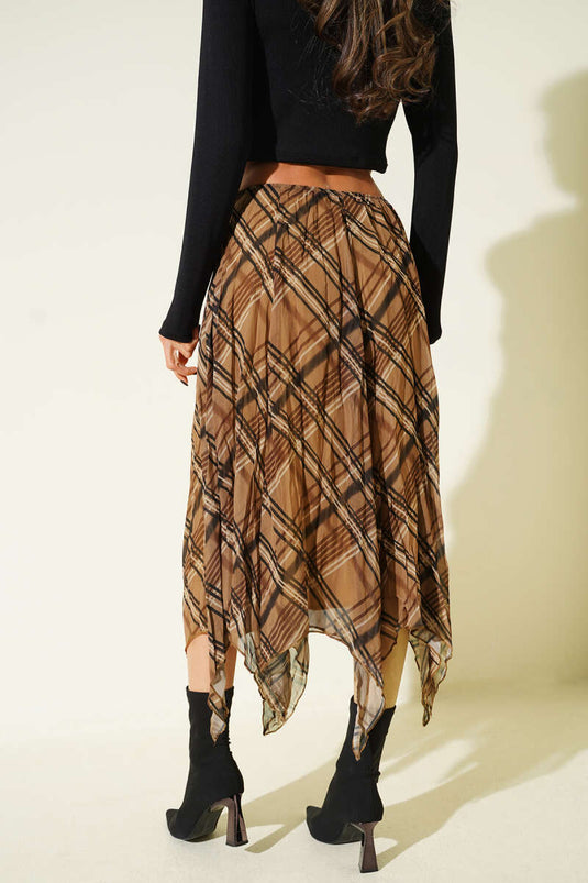 Asymmetric Checkered Pattern Chiffon Mid-Length Skirt Latte