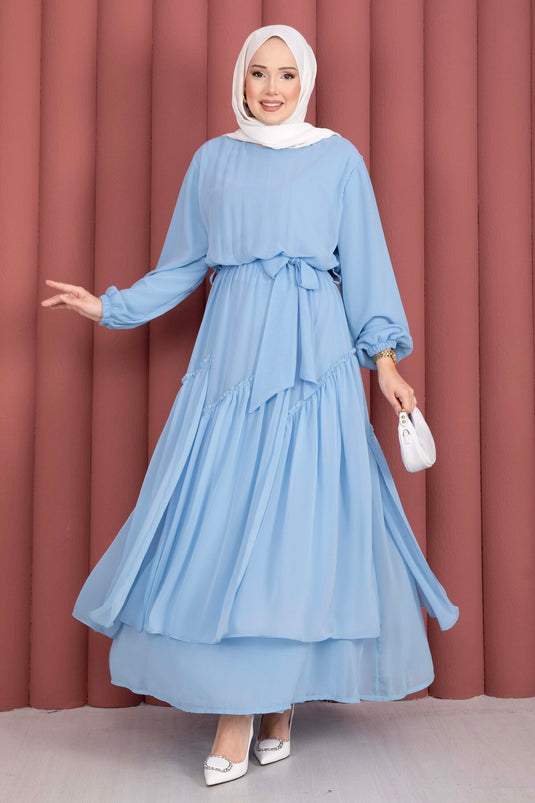 Robe en chiffon avec détails asymétriques à volants bleu bébé