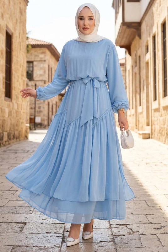 Robe en chiffon avec détails asymétriques à volants bleu bébé