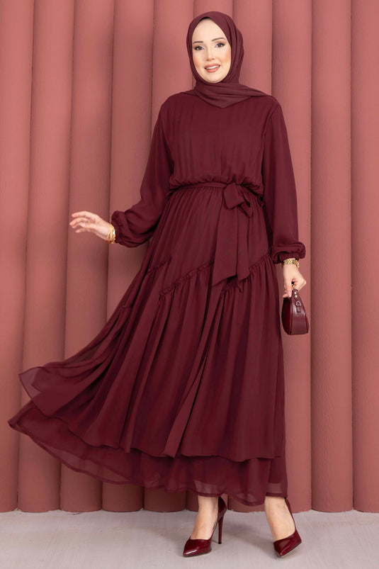 Robe en chiffon asymétrique avec détails à volants Bordeaux