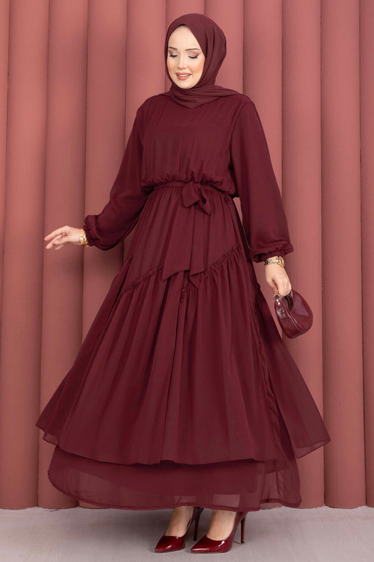 Robe en chiffon asymétrique avec détails à volants Bordeaux