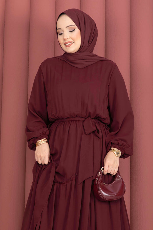 Robe en chiffon asymétrique avec détails à volants Bordeaux