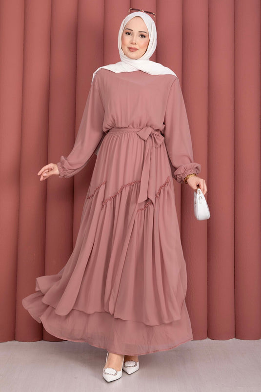Robe en chiffon avec détails asymétriques à volants couleur poudre