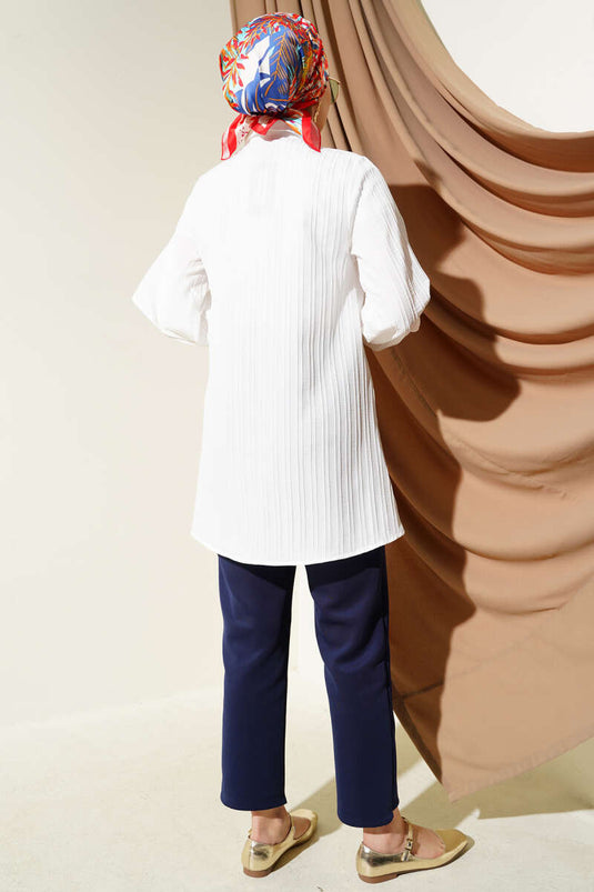 Asymmetric Ruffled Embossed Striped Shirt Ecru