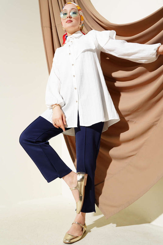 Asymmetric Ruffled Embossed Striped Shirt Ecru