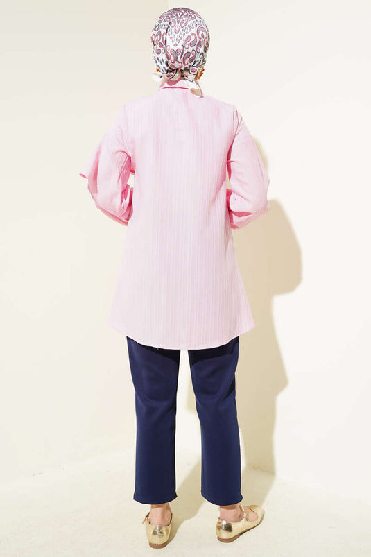 Asymmetrical Ruffled Embossed Striped Shirt Pink