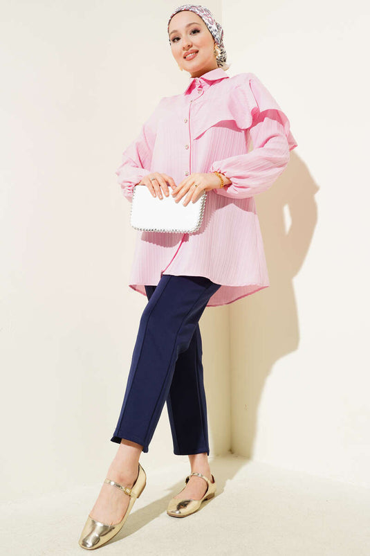 Asymmetrical Ruffled Embossed Striped Shirt Pink
