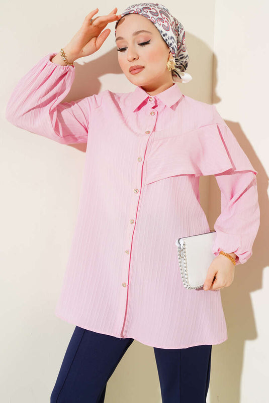 Asymmetrical Ruffled Embossed Striped Shirt Pink