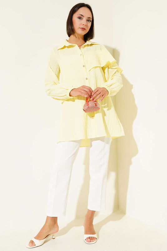 Asymmetrical Ruffled Embossed Striped Shirt Yellow