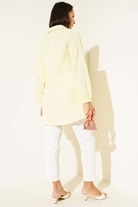 Asymmetrical Ruffled Embossed Striped Shirt Yellow