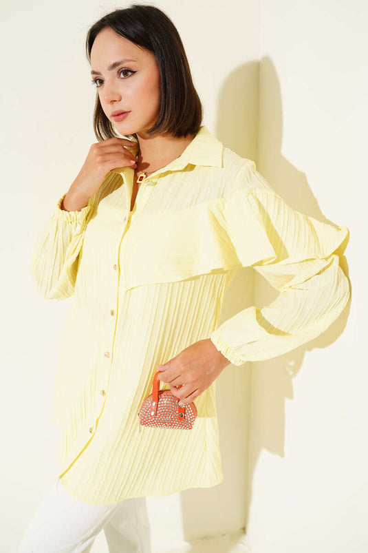 Asymmetrical Ruffled Embossed Striped Shirt Yellow