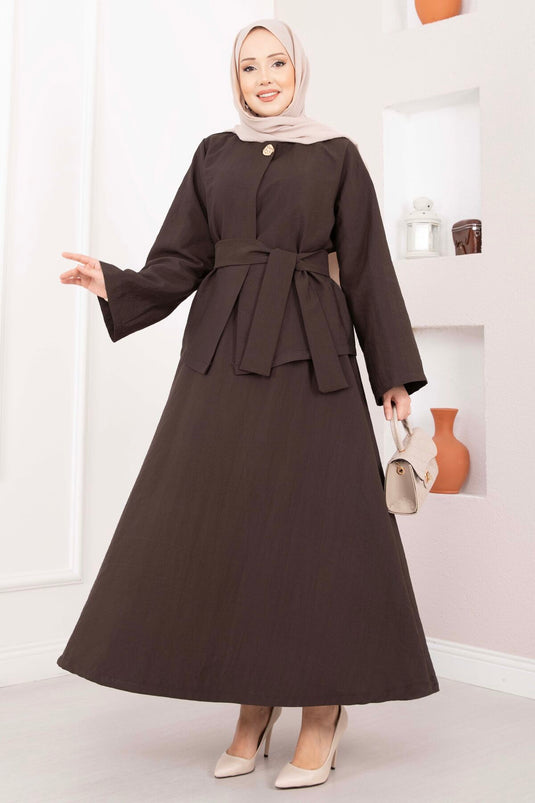 Completo Gonna e Giacca Asimmetrica con Cintura e Bottoni Oro Marrone