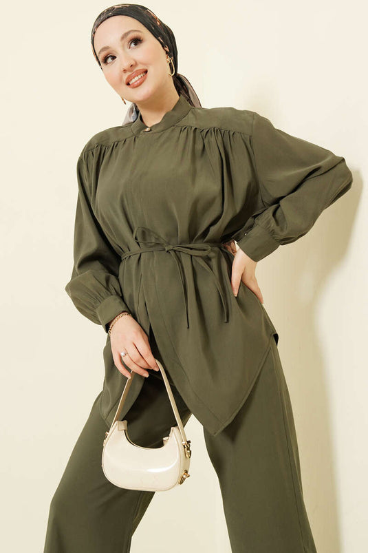 Asymmetrisch koordceintuur modale tweedelig pak kaki