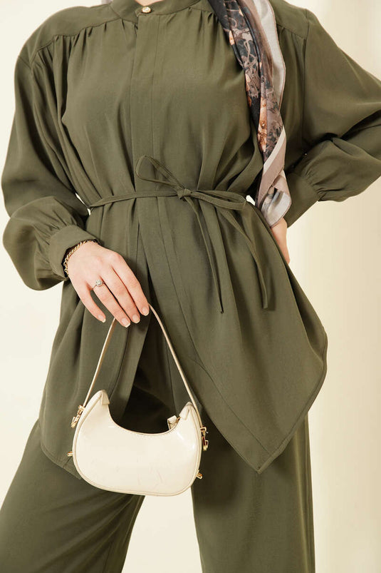 Asymmetrisch koordceintuur modale tweedelig pak kaki