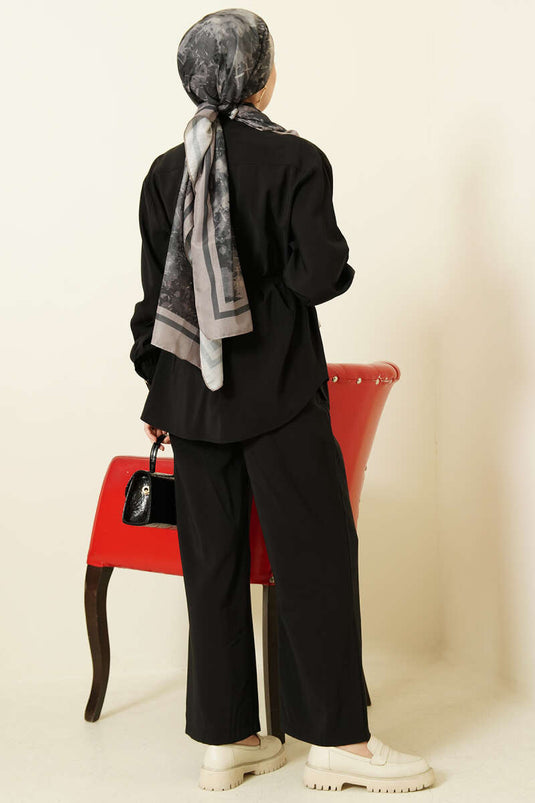 Ensemble double en modal noir avec ceinture à cordon asymétrique