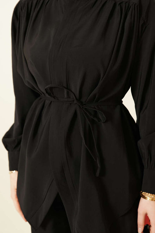 Ensemble double en modal noir avec ceinture à cordon asymétrique