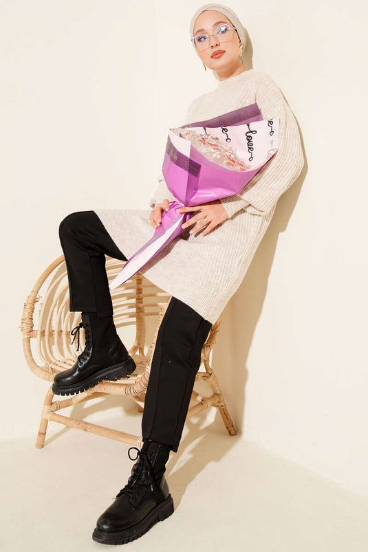 Asymmetrical Embossed Striped Knit Tunic Beige