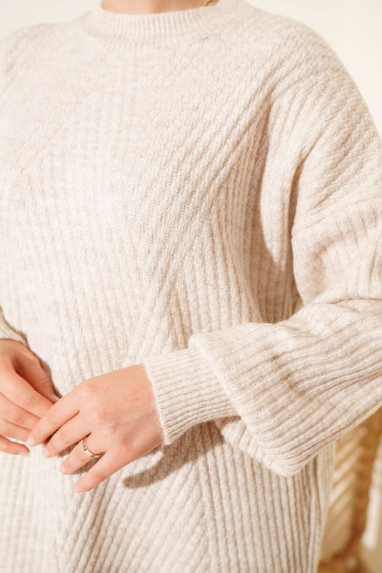 Asymmetrical Embossed Striped Knit Tunic Beige