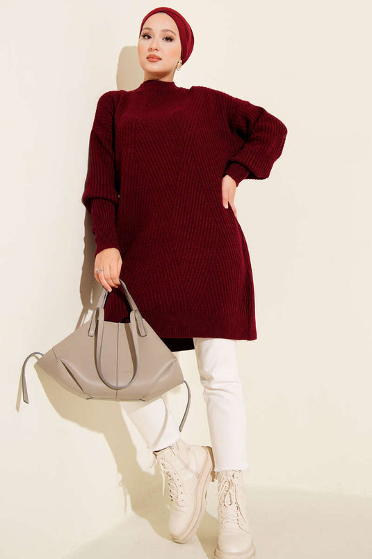 Asymmetrical Embossed Striped Knit Tunic, Burgundy