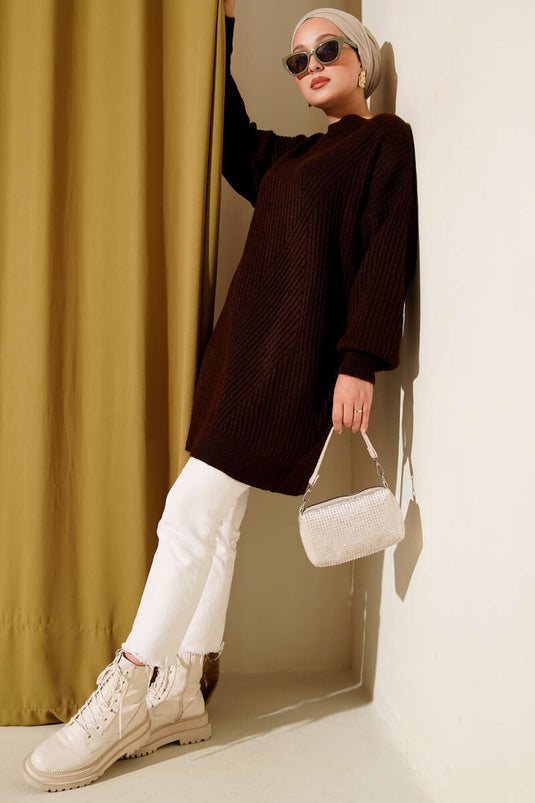 Tunique en tricot rayée asymétrique en relief marron