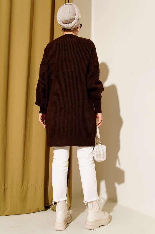 Tunique en tricot rayée asymétrique en relief marron