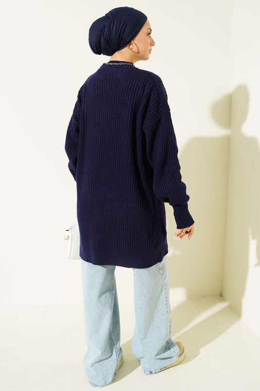 Tunique asymétrique en maille rayée en relief bleu marine