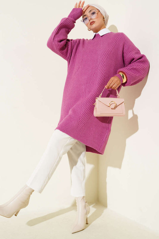 Asymmetrical Embossed Striped Knit Tunic Magenta