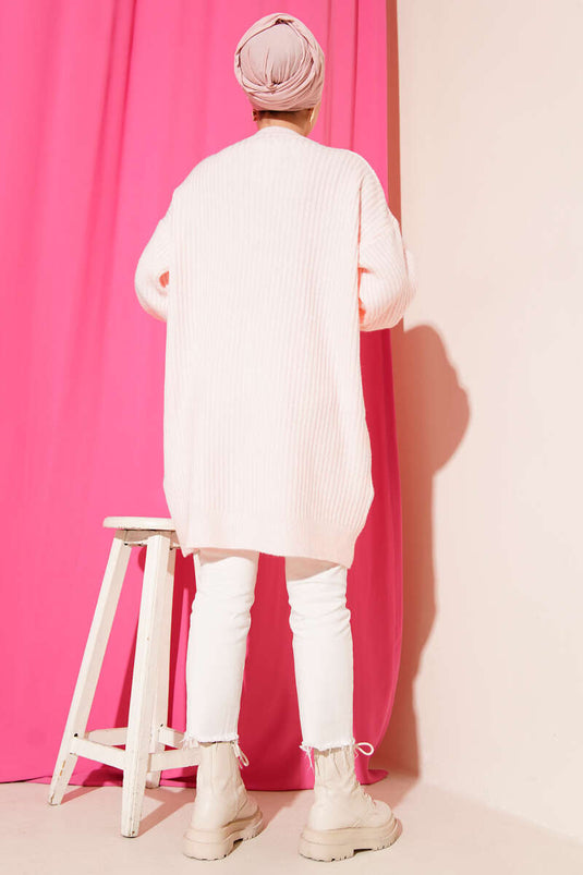 Asimetrik Kabartma Çizgili Triko Tunik Pudra