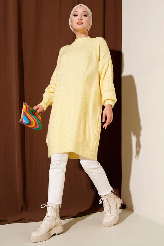 Asimetrik Kabartma Çizgili Triko Tunik Sarı