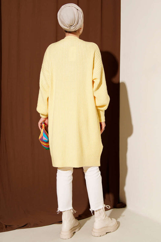 Asimetrik Kabartma Çizgili Triko Tunik Sarı