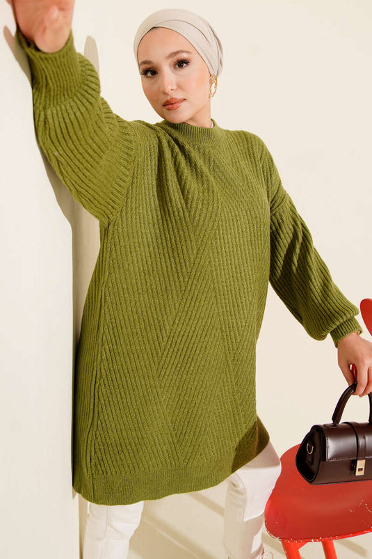 Tunique asymétrique en tricot rayé gaufré vert pétrole