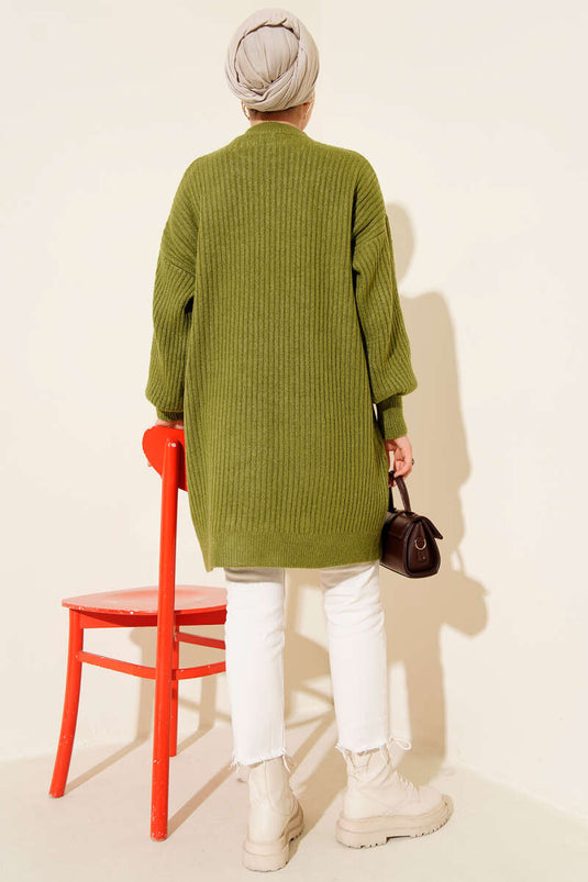 Asymmetrical Embossed Striped Knit Tunic Oil Green
