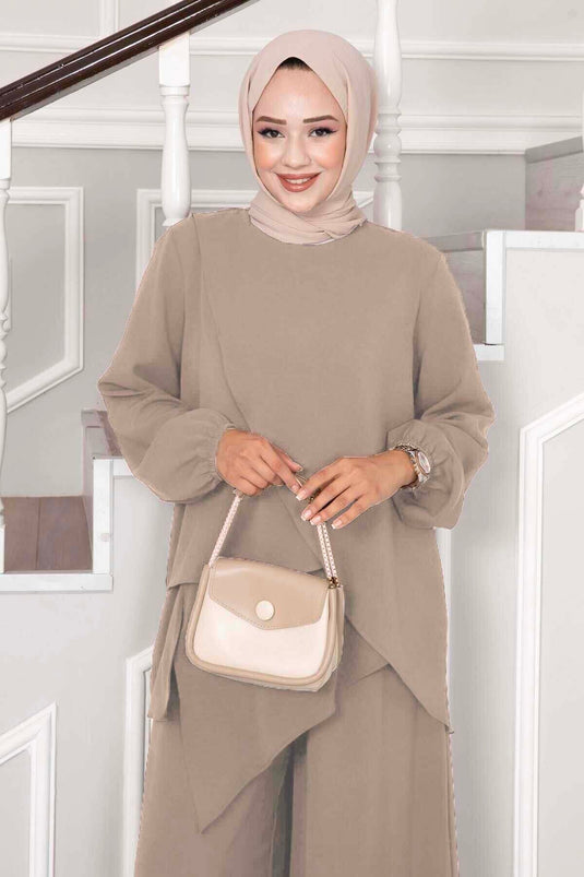 Asymmetric Cut Aerobin Hijab Two-Piece Set Beige