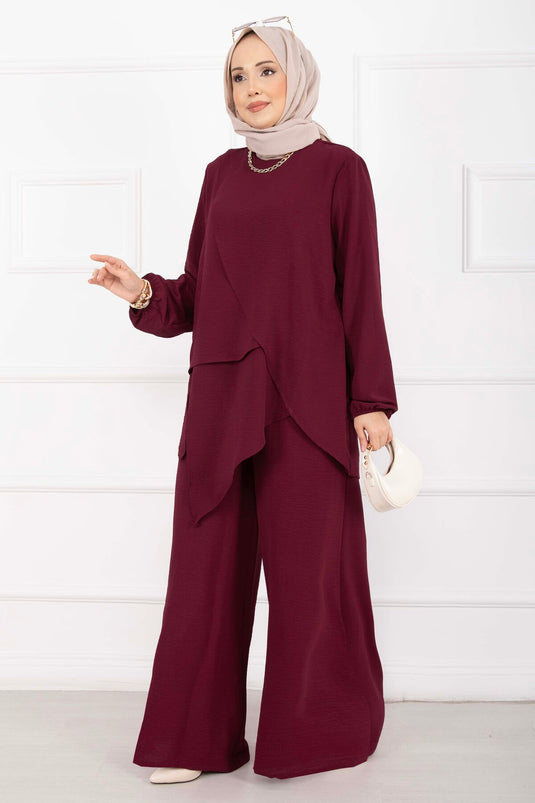 Asimetrik Kesim Aerobin Tesettür İkili Takım Bordo