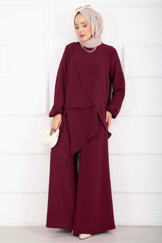 Asimetrik Kesim Aerobin Tesettür İkili Takım Bordo