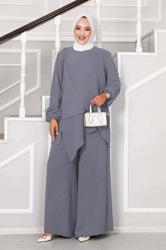 Asimetrik Kesim Aerobin Tesettür İkili Takım Gri