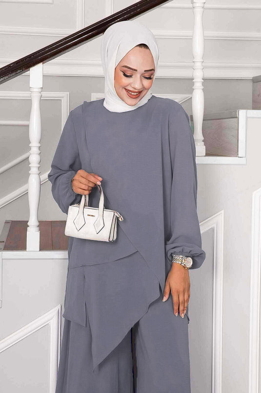Asymmetric Cut Aerobin Hijab Two-Piece Set Gray