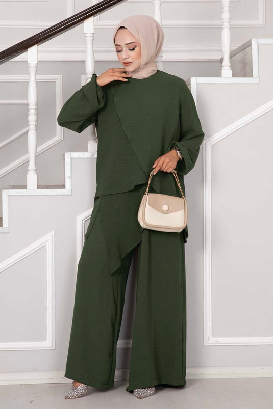 Costume Hijab Aerobin à coupe asymétrique deux pièces Kaki