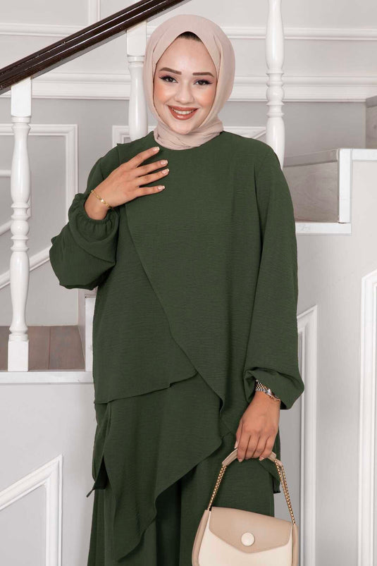 Costume Hijab Aerobin à coupe asymétrique deux pièces Kaki