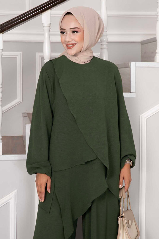 Costume Hijab Aerobin à coupe asymétrique deux pièces Kaki