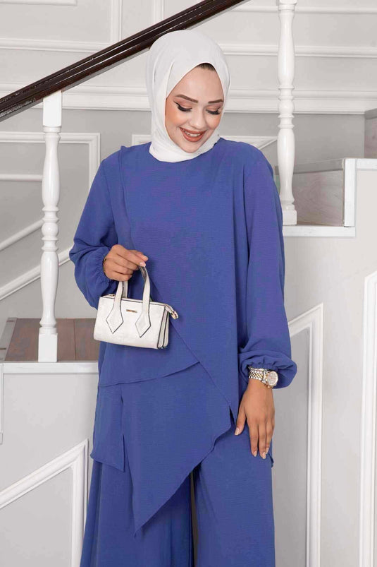 Asymmetrical Cut Indigo Modest Two-Piece Set