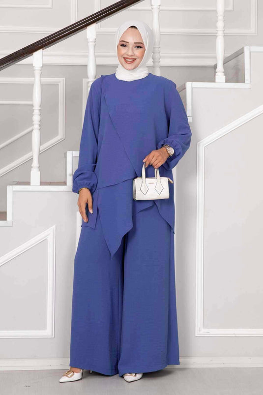 Asymmetrical Cut Indigo Modest Two-Piece Set