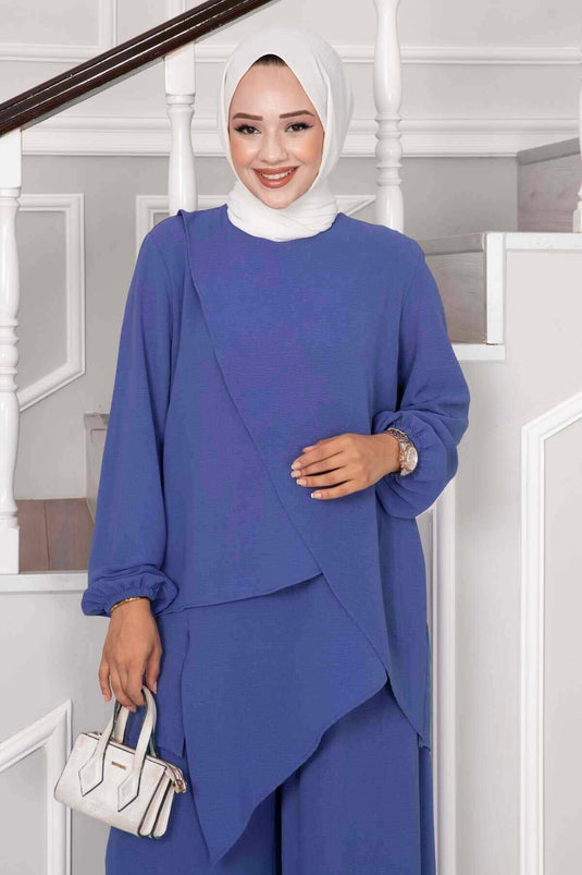 Asymmetrical Cut Indigo Modest Two-Piece Set