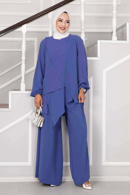 Asymmetrical Cut Indigo Modest Two-Piece Set