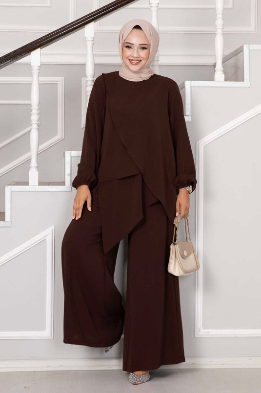 Costume Double Hijab Aerobin Coupe Asymétrique Marron