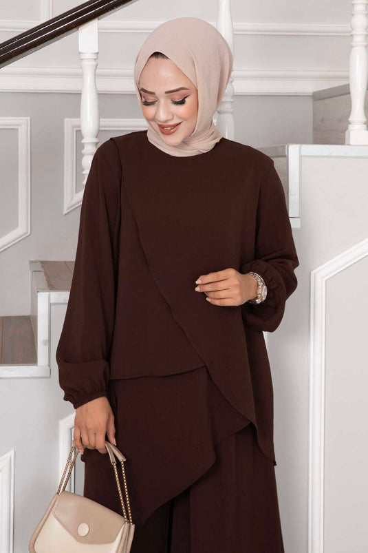 Costume Double Hijab Aerobin Coupe Asymétrique Marron
