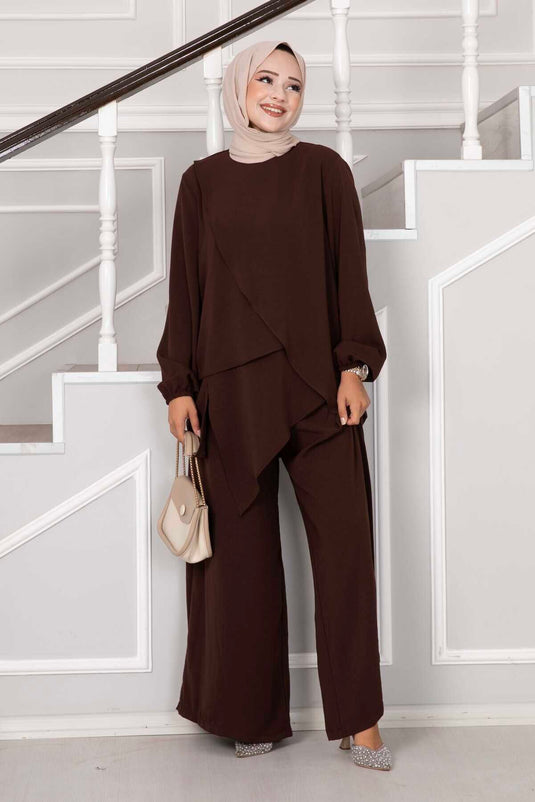 Costume Double Hijab Aerobin Coupe Asymétrique Marron