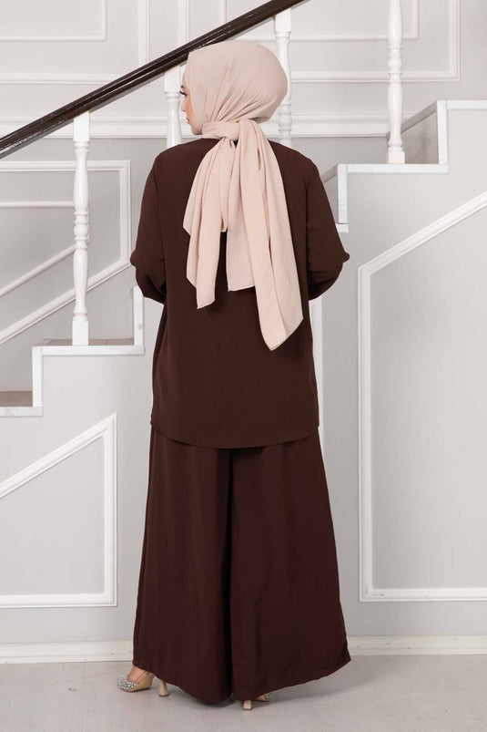 Costume Double Hijab Aerobin Coupe Asymétrique Marron